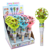 Display box of Maxxi Toys - Funny Windmill With Candy - 5g, each with a colorful animal windmill toy and a tube of pastel candy—great as party favors for kids' celebrations.